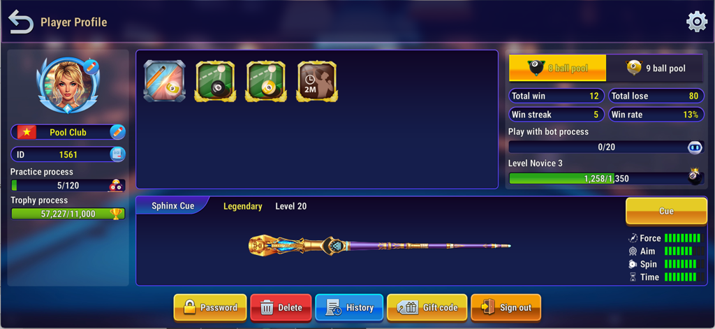 Pool Club: 8 Ball Billiards - Pantalla del perfil del jugador mostrando estadísticas del juego de billar y un Tacos de Esfinge legendario de nivel 20.