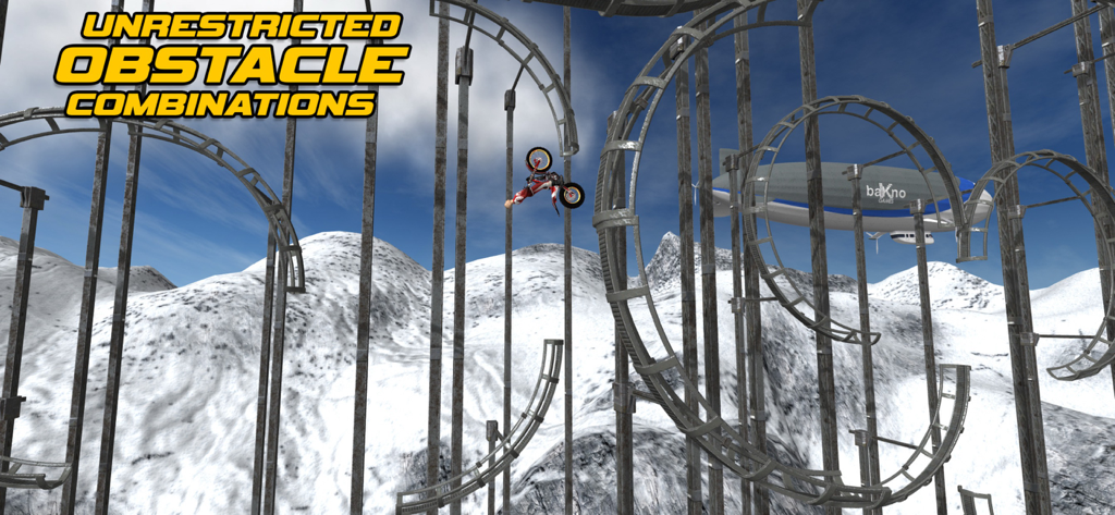 Motorbike - A motorbike performing an upside down stunt on a complex metal loop track with snowy mountains in the background