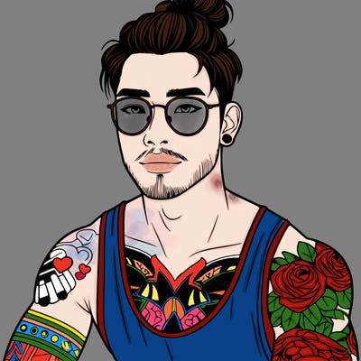 young attractive asian man with a man-bun, glasses, and tattoo's