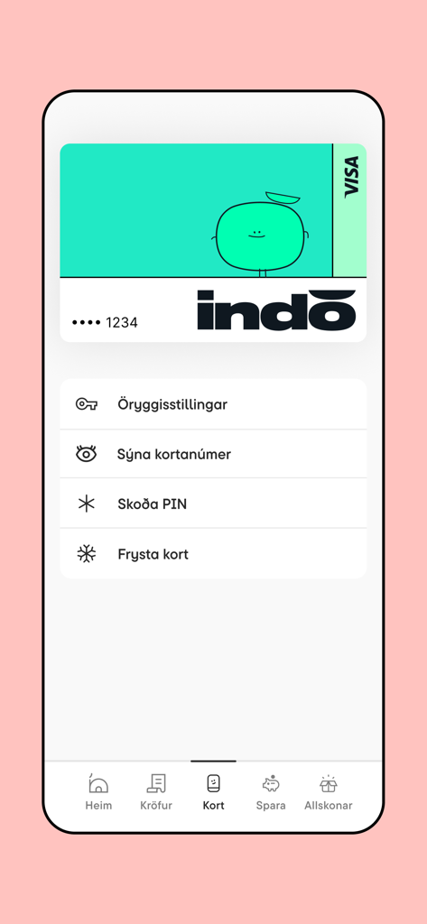 indó - Indo app interface showing card security settings including options to freeze card and view PIN