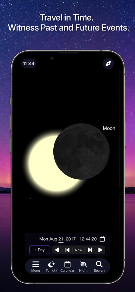 SkySafari app interface showing a 2017 solar eclipse simulation with time travel controls