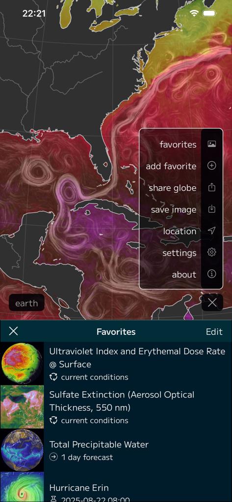 Nullschool weather app interface showing an interactive data visualization map and a list of favorites.