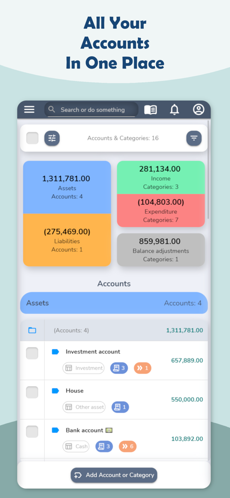 WealthPosition: Budget Track - Dashboard showing a consolidated view of financial accounts including assets and liabilities
