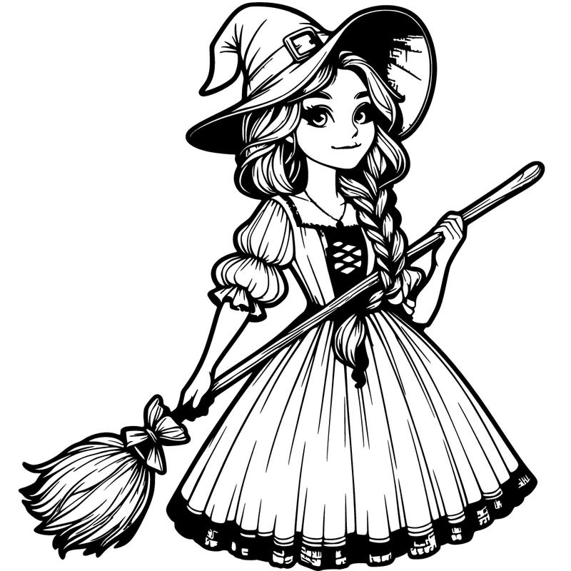 realistic detailed witch wearing a dress holding a broomstick wearing a hat with a side braid with a face