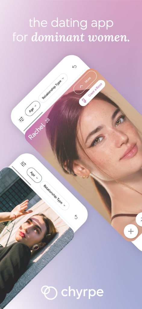 Chyrpeデーティングアプリのインターフェース。支配的な女性向けで、ユーザープロフィールと関係フィルターが特徴です。