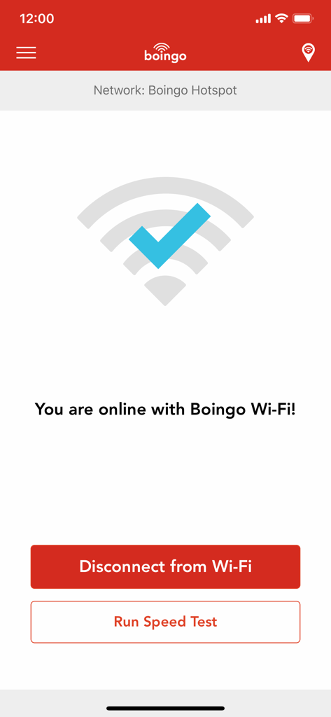 Boingo Wi-Finder - Pantalla de la aplicación Boingo Wi-Finder que muestra una conexión exitosa a un punto de acceso Wi-Fi con un botón Ejecutar prueba de velocidad