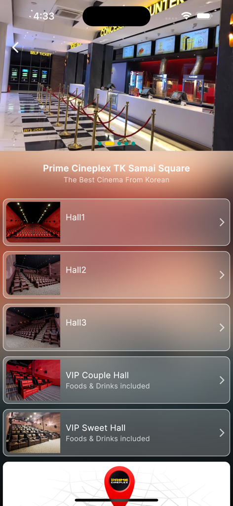 Screen showing cinema hall options including VIP halls for Prime Cineplex TK Samai Square.