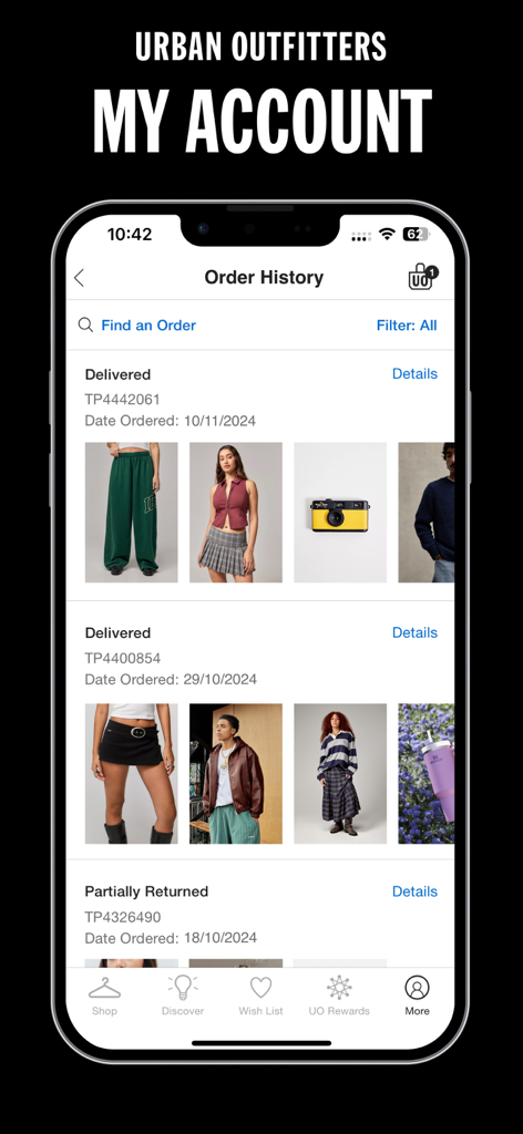 Urban Outfitters - Urban Outfitters app order history page showing delivered and returned items with product photos