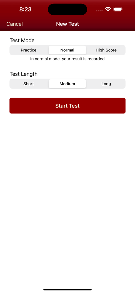 Écran de configuration d'un nouveau test de géographie viticole dans l'application Wine Maps, affichant les options de mode et de durée du test.