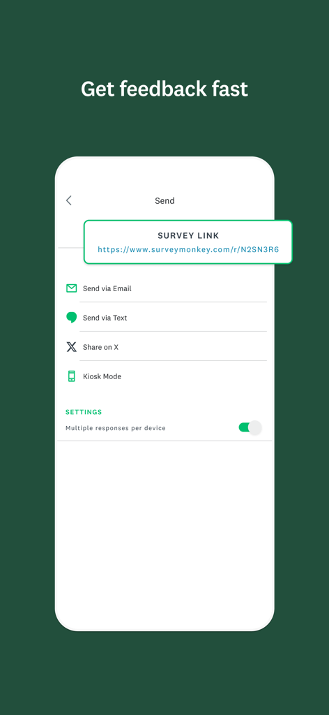 SurveyMonkey - Schermata di invio dell'app SurveyMonkey con opzioni per condividere il link del sondaggio tramite email o SMS
