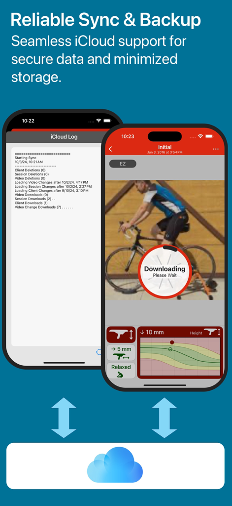 Interfaz de la aplicación Bike Fast Fit Pro que muestra funciones fiables de sincronización y copia de seguridad de iCloud para datos de ajuste de bicicleta