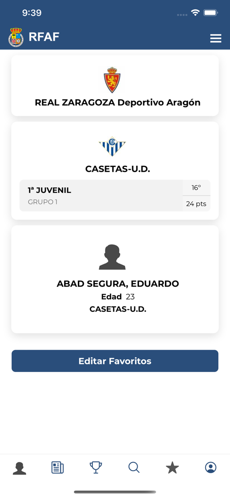 FutbolAragon App Favoritenbereich mit verfolgten Teams und Spielern