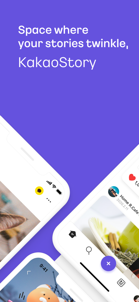 KakaoStory - Introductory screen of KakaoStory app with slogan and photo feed previews