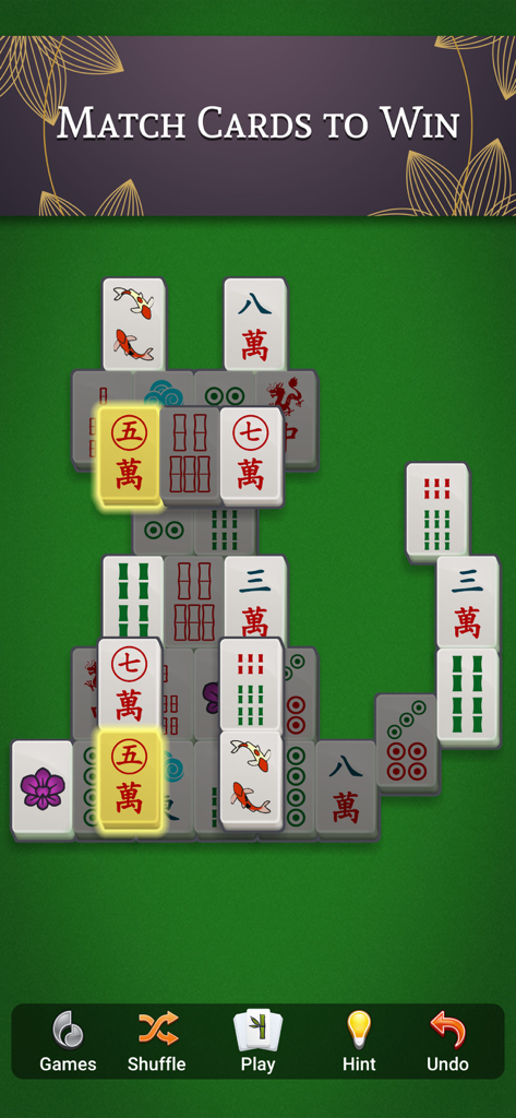 Gameplay di Mahjong Solitaire che mostra tessere tradizionali che vengono abbinate su uno sfondo verde
