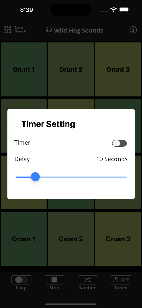 Wild Hog Sounds - Timer setting screen in the Wild Hog Sounds app showing a 10 second delay slider.