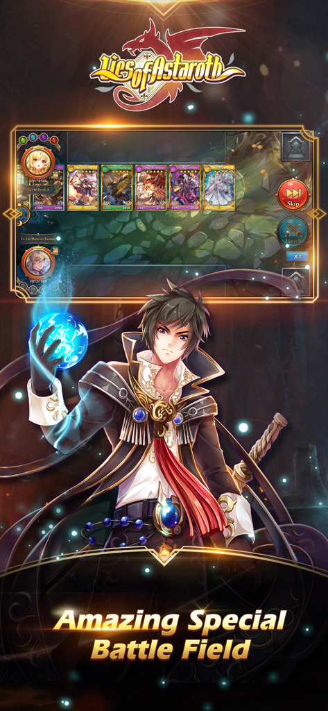 Lies of Astaroth battle field featuring fantasy cards and an anime character artwork