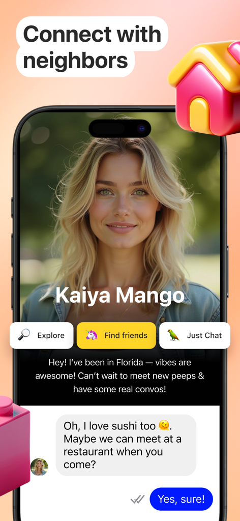 Smartphone display of Kiki app showing a user profile and a chat conversation to meet locals.