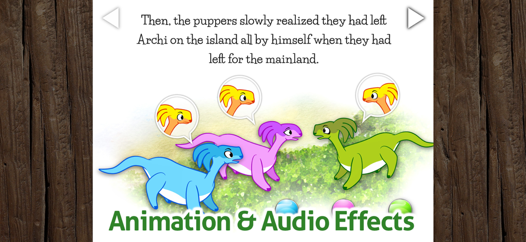 Read Along Book - Archi - Una página interactiva de la aplicación del libro Archi con dinosaurios coloridos y texto con efectos de animación y audio.