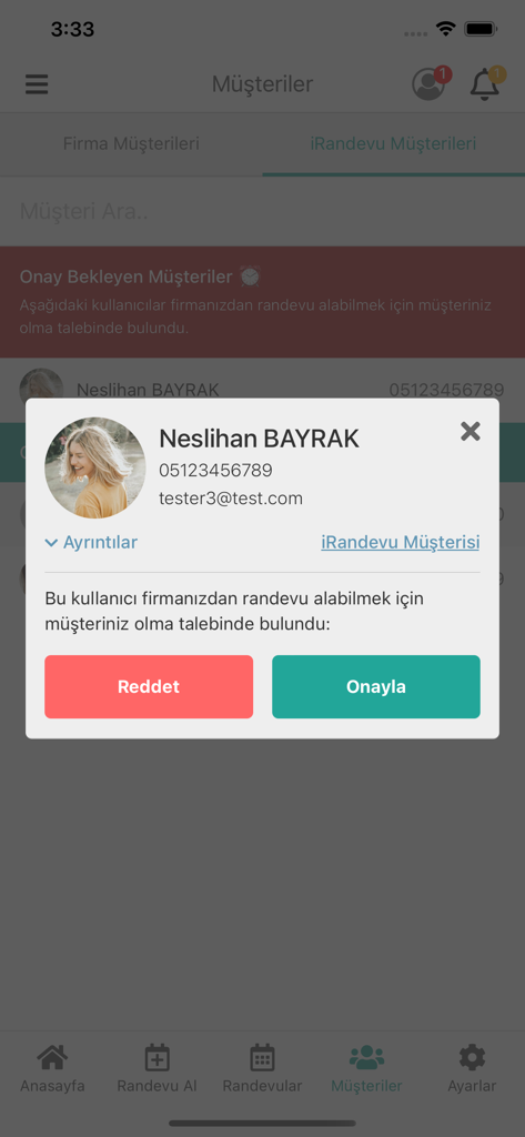A mobile app screen showing a pop-up to approve or reject a new customer request.