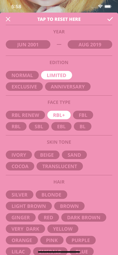 My Doll Collection for Blythe - Tela de filtragem do aplicativo de coleção de bonecas Blythe mostrando categorias para edição de ano, tipo de rosto e tom de pele
