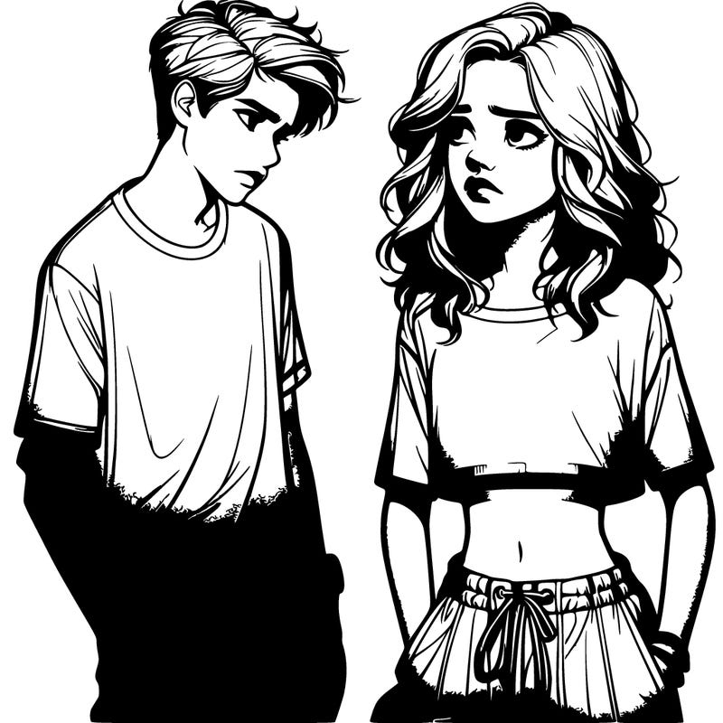 realistic boy looking at a cute realistic girl in a crop top and baggie pants that looks angry