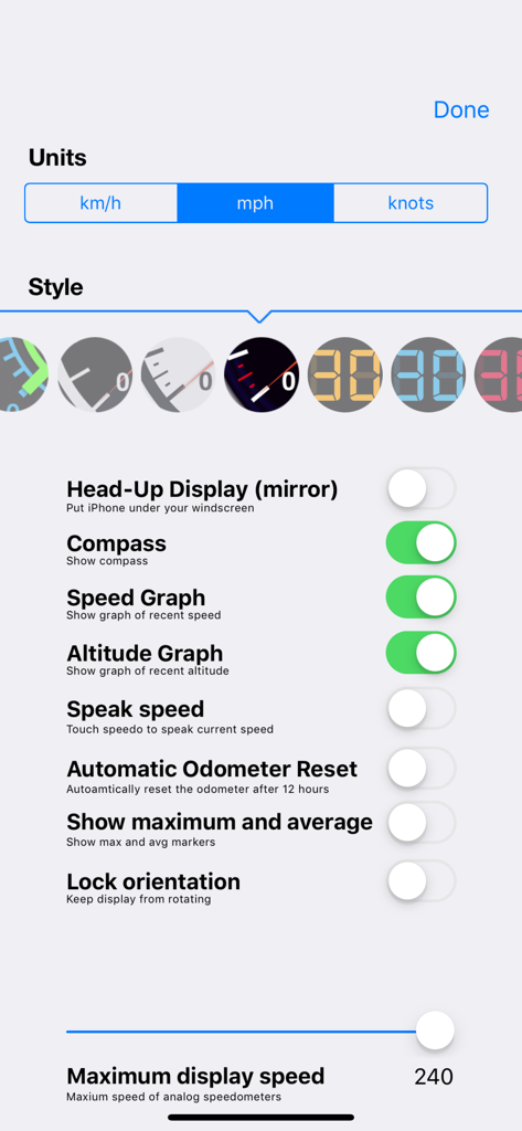 Speedometer Speed Box - Speedometer Speed Box settings interface showing measurement units and gauge styles
