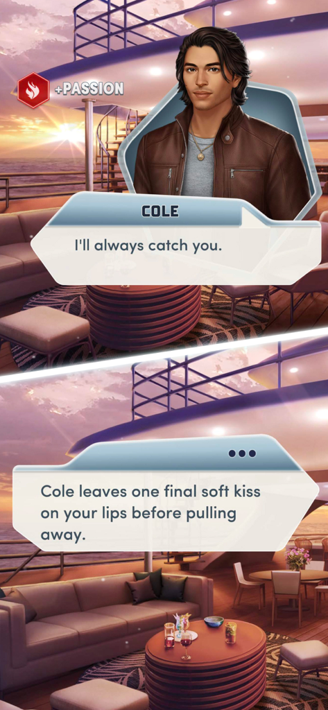 A romantic dialogue scene with character Cole on a yacht deck at sunset in Choices Stories You Play