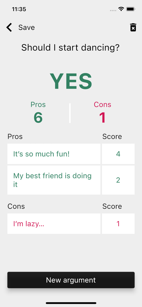 Pros & cons lists - Uma captura de tela do aplicativo Listas de Prós e Contras mostrando um resultado de decisão para começar a dançar com argumentos ponderados e uma pontuação final de sim
