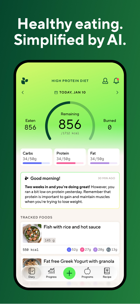 The Lifesum app interface showing a high protein diet calorie tracker and macro counts