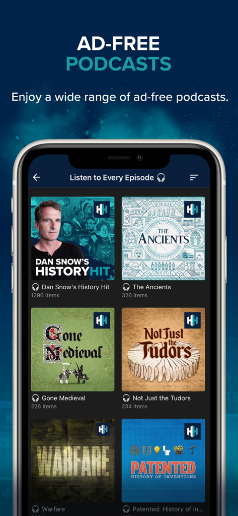 History Hit - Interface do aplicativo móvel History Hit exibindo uma biblioteca de podcasts de história sem anúncios, incluindo Dan Snow's History Hit e The Ancients