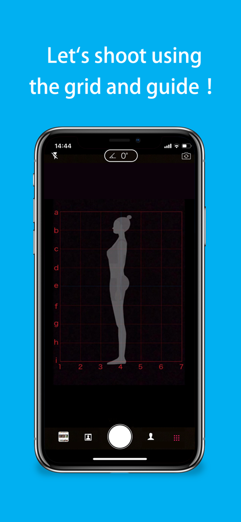 Un'interfaccia per smartphone che mostra una fotocamera con una guida a silhouette del corpo e linee di griglia per l'allineamento della postura