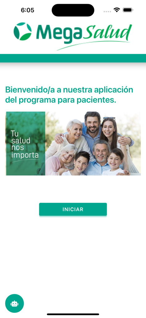 MegaSalud - Pantalla de bienvenida de la aplicación MegaSalud con una foto familiar y un botón de inicio