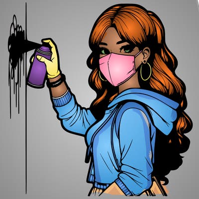realistic girl with mask spray painting a wall