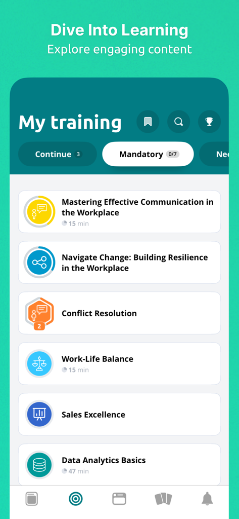 Motimate - Mobile interface of the Motimate app showing a list of available employee training modules.