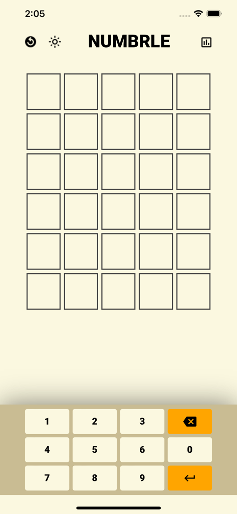 Numbrle - The start screen of the Numbrle app featuring a five by six empty grid and a numeric keypad for guessing a five digit number.
