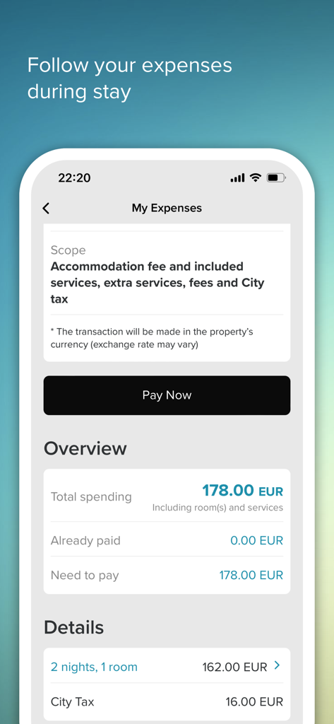 GuestAdvisor - Oberfläche der GuestAdvisor-App, die eine detaillierte Aufschlüsselung der Hotelaufenthaltskosten und eine Zahlungsoption anzeigt