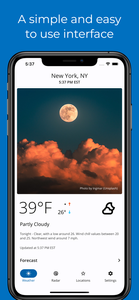 SimpleWeather - A weather app - SimpleWeather app showing current temperature and weather conditions for New York City on a mobile interface