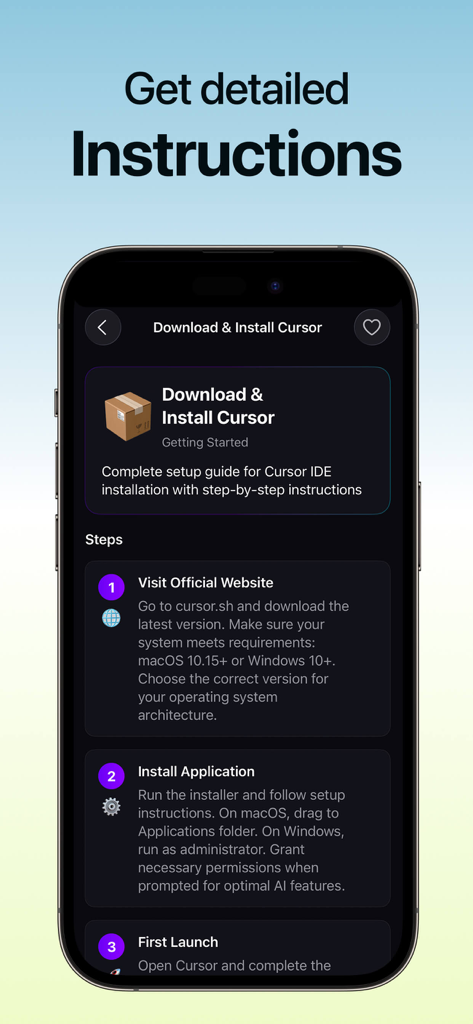 Cursor AIのダウンロードとインストールのステップバイステップ手順を示すモバイルアプリ画面。