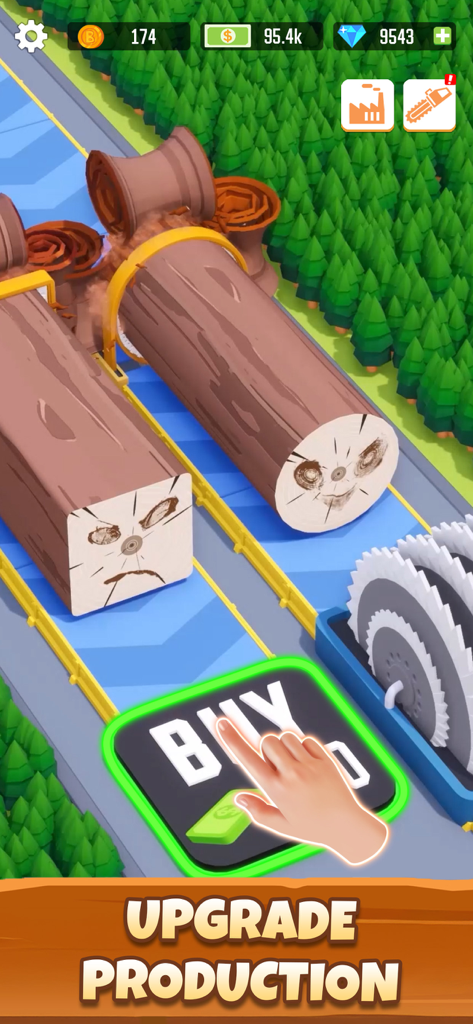 Gameplay screenshot of Idle Lumber Empire showing wood logs on conveyor belts and a hand tapping a button to upgrade production