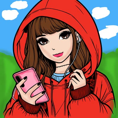 realistic girl with oversized hood and holding a phone