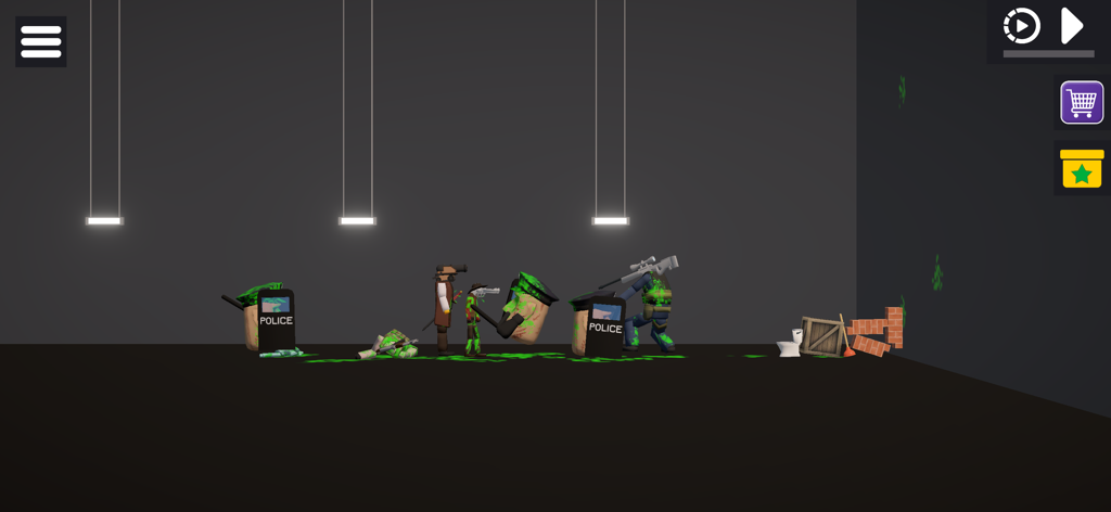ragdoll police and characters in a 3d physics sandbox with green splatter