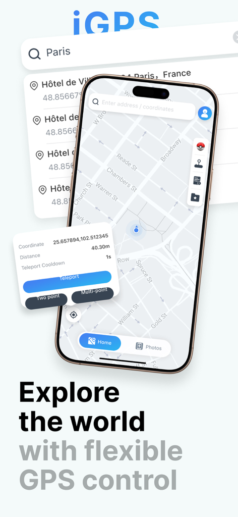 iGPS Spoofer: Location Changer - iGPS Spoofer App-Oberfläche auf dem iPhone mit Teleportations- und GPS-Navigationsfunktionen.