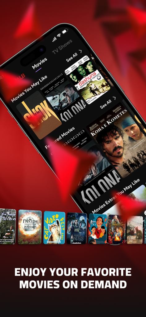 TVALB app interface displaying various Albanian movies on demand on a smartphone