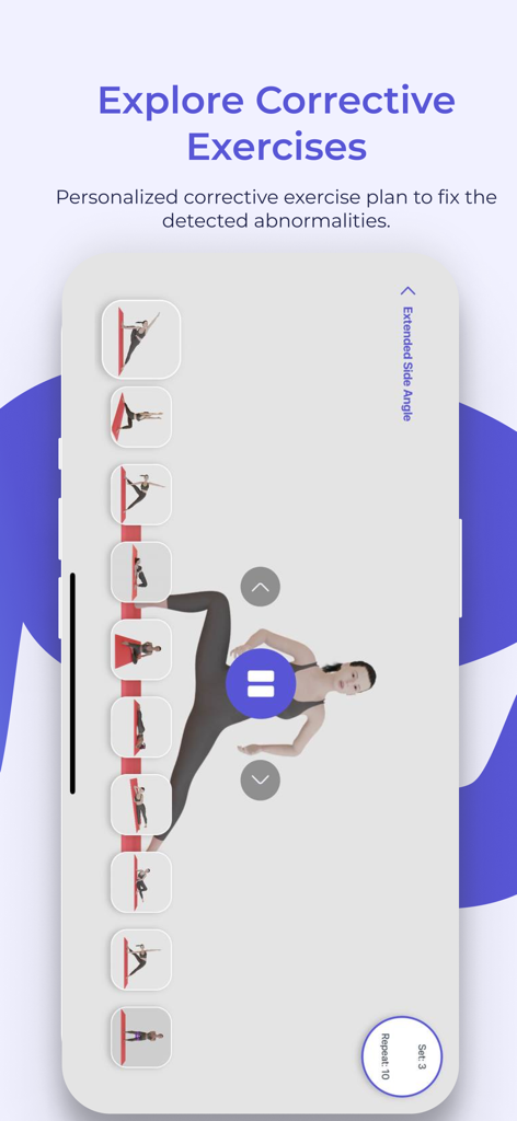 Uma tela móvel mostrando um plano de exercícios corretivos personalizado com um tutorial em vídeo para melhoria da postura.