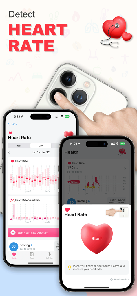 iHeart: Heart Rate & Pressure - Interface do aplicativo mostrando como detectar a frequência cardíaca usando a câmera de um iPhone com gráficos de rastreamento de dados