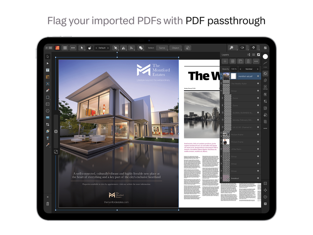 Un layout di rivista professionale in fase di modifica in Affinity Publisher 2 su iPad, che mostra la funzione PDF passthrough