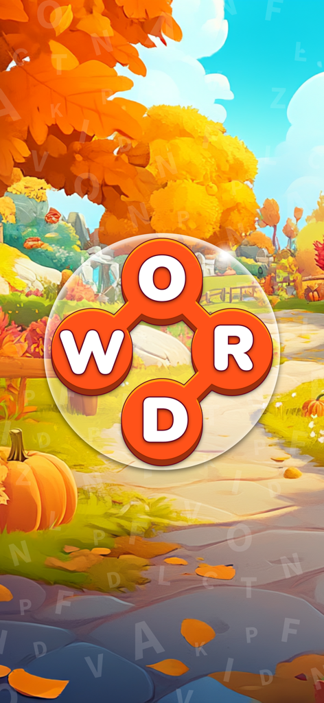 A word puzzle letter wheel over a relaxing autumn landscape with pumpkins and colorful trees.