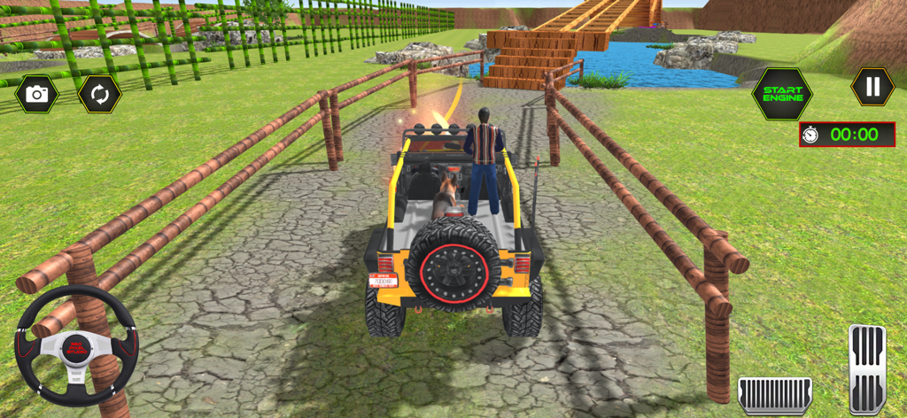 Jeep Driving Simulator 3D Game - third person view of a yellow jeep on a dirt path in an off road driving simulator