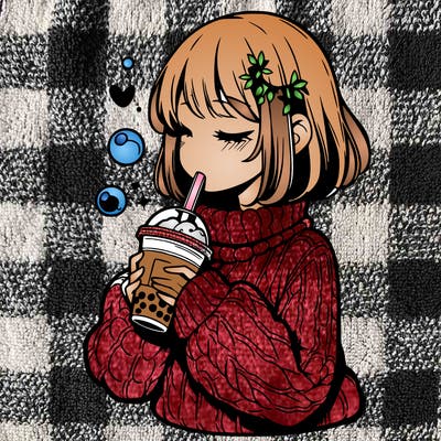 manga girl drinking boba in cozy sweater