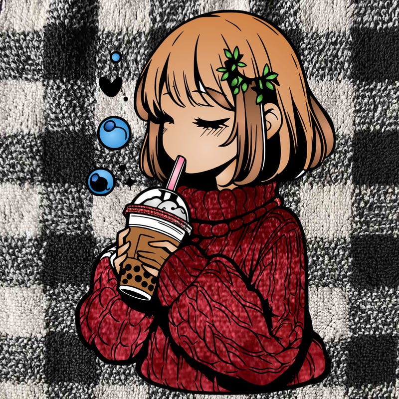 manga girl drinking boba in cozy sweater
